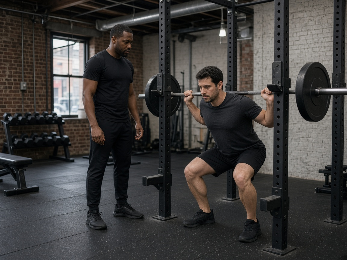 Coach watching a member squat inside the rack