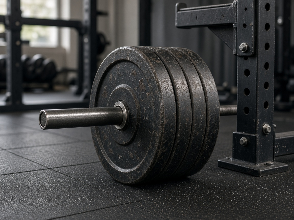Barbell loaded with plates beside the rack